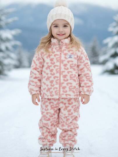 Cozy Pixies 2 件套少女豹纹保暖内衬圆领夹克和松紧腰及踝长裤套装