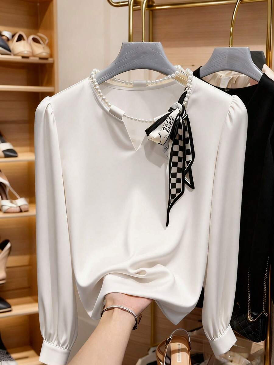 GlowEve CURVE Blouse élégante décontracté à manches longues avec décoration de perles pour femmes grandes tailles, couleur abricot