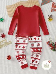 SHEIN 2 件套圣诞树和雪花印花长袖上衣和裤子休闲睡衣套装，适合小男孩 - 彩色 - 查看 2