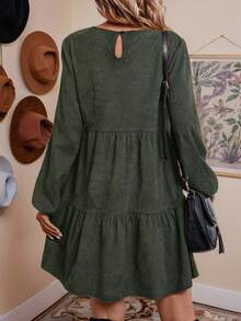 LanaWest Women's Solid Color Round Neck Lantern Sleeve Ruffle Hem Casual Short Dress - Army Green - View 2