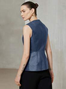 Aveloria Modichic Chaqueta sin mangas de unicolor de PU con cuello redondo y cintura ajustada, estilo de viaje - Azul - Ver 2