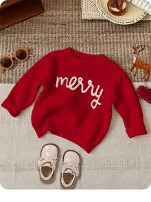 SHEIN Dziewczęcy sweterek świąteczny z nadrukiem w litery, luźny krój, okrągły dekolt, długi rękaw, odpowiedni na jesień/zimę