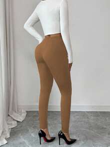 Elenzga 女士优雅咖啡棕色牛奶丝复合绒面料高端设计仿门襟金属纽扣装饰独特3D线条增强视觉效果个性化独立日秋冬紧身时尚打底裤 - 卡其色 - 查看 2