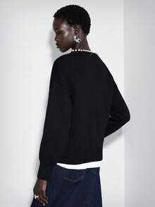 Chiquease pull en tricot noir à col rond, manches bouffantes, perles, décontracté et polyvaleance pour femmes - Noir - Voir 2