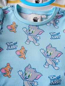 TOM & JERRY X SHEIN 4 件套男婴可爱卡通条纹圆领插肩长袖上衣和打底裤紧身睡衣套装 - 藍白色 - 查看 7