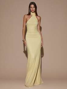 SHEIN BAE Women's Elegant Pale Yellow Summer Wedding Guest Dress, Halter Backless Asymmetric Ruched Maxi Dress For Party Cocktail Formal Bridesmaid Event - Light Yellow - View 5
