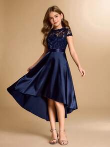 Lace & Satin Patchwork Asymmetrical Hem Midi Dress, High-End Formal Gown For Teens, Suitable For Wedding, Prom, Birthday Party, Christmas