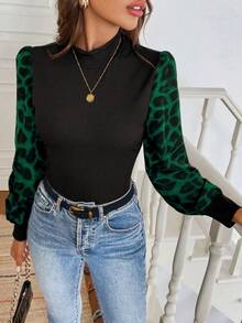 SHEIN LUNE Áo cánh cổ cao dệt kim tay bồng màu tương phản họa tiết da báo retro, thanh lịch, thường ngày khi đi làm, dành cho nữ, mùa thu/đông - màu xanh lá - Xem 5