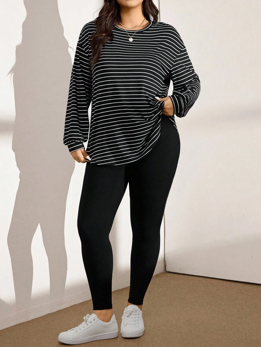 SHEIN LUNE Plus Size Fall Women Black & White Striped 2-Piece Set: Striped T-Shirt & Leggings, Casual Sports Workout Set Women Clothing Sets Airport Women Outfits Outfit Sets Two Pieces Piece Set Travel Outfit Airport