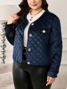SHEIN Clasi Plus Size Elegant Solid Color Diamond Patterned Cropped Jacket,Women's Winter Coat,Keep Warm,,Work Wear,Office Attire,Business Professional - Navy Blue - View 9