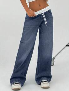 EURMUSE 100% 纯棉女式短裙年轻时尚低腰阔腿宽松牛仔裤