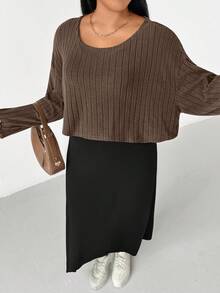 Shapeblank Plus-Size Women's Apple-Shaped Body/Fashion Casual Loose Comfortable Everyday Basic Versatile Brown Long-Sleeved Top And Black Vest Long Dress Two Pieces Set Outfits,Simple Style,Cozy And Clothes For Women Spring