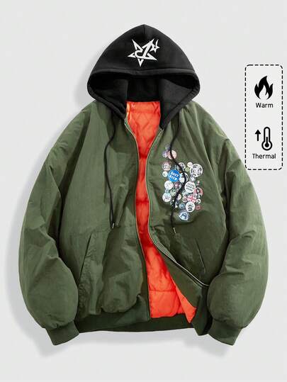 Street Life معطف رجالي مطبوع عليه حرف مع سحاب أمامي وسير خصر قابل للسحب، شتوي