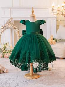 Glamorique Kids Mädchen Grünes Satin & Mesh Kleid mit Halbarm, V-Ausschnitt, großer Schleife hinten, floraler bestickter Rüschenbesatz am Saum, Schleppe, Weihnachtskostüm, Kinderaufführung, Bankettparty, Geburtstag, hochweriges Prinzessinnenkleid - Grün - Übersicht 2