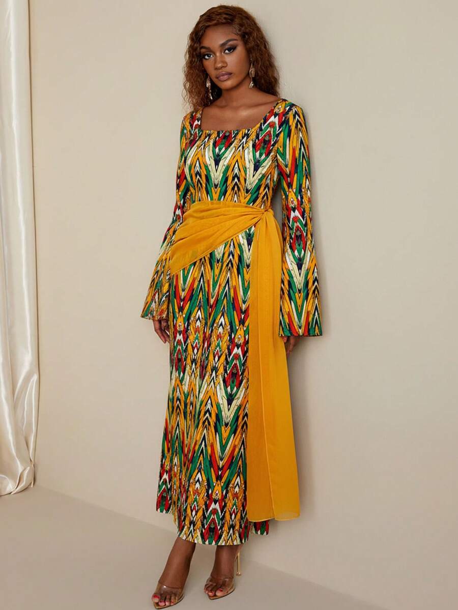 Eryvara Women's Elegant Graphic Full Print Scoop Neck Hollow Out Ruffle Trim Waist Flare Sleeve Long Dress, Autumn/Winter - Multicolor - View 1