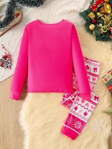 Bộ đồ ngủ cổ tròn tay dài in chữ Giáng sinh và quần legging cho bé gái tuổi teen - Hồng - Xem 2