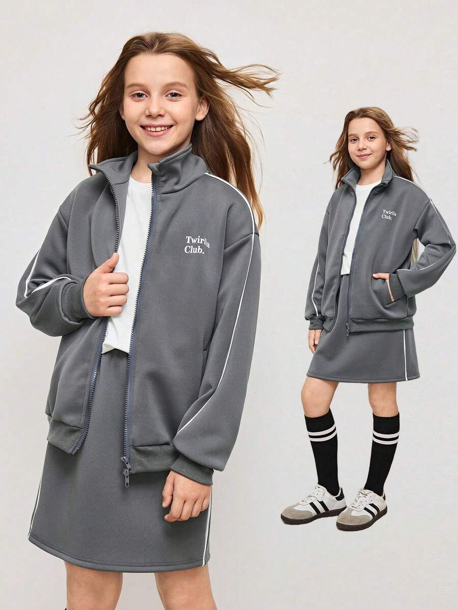 青少年女孩字母印花落肩长袖运动衫夹克和迷你裙休闲装，秋季