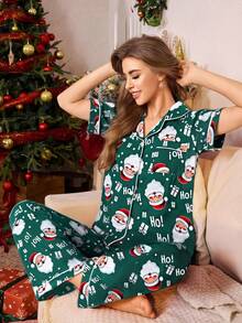 Dream Adore Pink Tulip Print Lapel Collar Short Sleeve Pajama Set For Women, Christmas - Multicolor - View 3