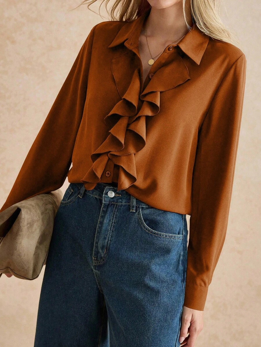 Écloséra Women's Solid Color Minimalist Ruffle Hem Long Sleeve Blouse, Everyday Wear - Brown - View 1