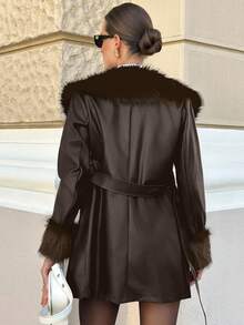 Lavishia 女士优雅棕色仿毛皮领系带长袖外套，秋冬保暖外套 - 摩卡棕 - 查看 2