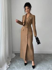 Elenzga Váy blazer cổ chữ V thiết kế bất đối xứng, thắt eo, viền xòe, hở phía trước, màu cà phê, phong cách thanh lịch kiểu Pháp, váy dài tay đa năng có ghim cài kim loại, thích hợp để đi làm - màu nâu - Xem 4