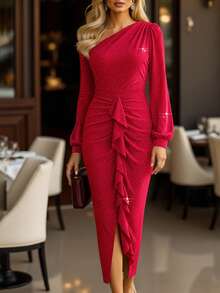 EMERY ROSE Rochie elegantă de damă cu umeri asimetrici, tiv cu volane și crăpătură laterală