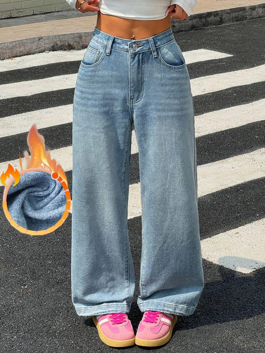 SHEIN PETITE Quần jeans ống đứng dáng rộng màu xanh cổ điển dành cho nữ có đai thắt lưng - Rửa nhẹ - Xem 1