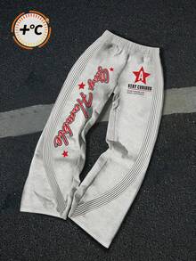 SHEIN Calça de moletom de malha reta e solta, casual para o dia a dia, confortável, estampada, para meninos pré-adolescentes - Cinza claro - Ver 1