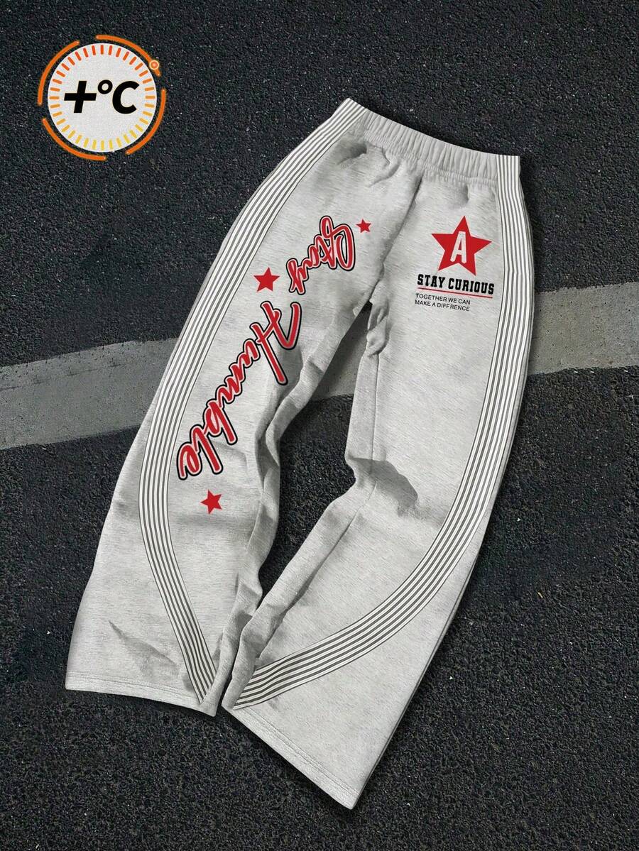 SHEIN Calça de moletom de malha reta e solta, casual para o dia a dia, confortável, estampada, para meninos pré-adolescentes - Cinza claro - Ver 1