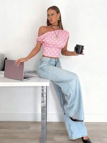 Siren Gaze Áo crop top lệch vai thanh lịch, giản dị dành cho nữ, thích hợp mặc mùa hè, mặc hàng ngày - Hồng - Xem 3