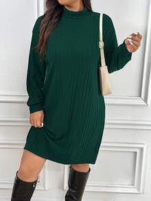 SHEIN Frenchy Vestido casual de manga larga con cuello alto acanalado de unicolor talla grande - Verde Oliva - Ver 2