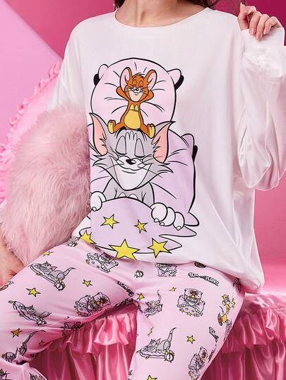 TOM & JERRY X SHEIN 女士休闲可爱舒适卡通猫咪印花长袖上衣和裤子情人节粉色睡衣套装，适合春夏、秋冬穿着
