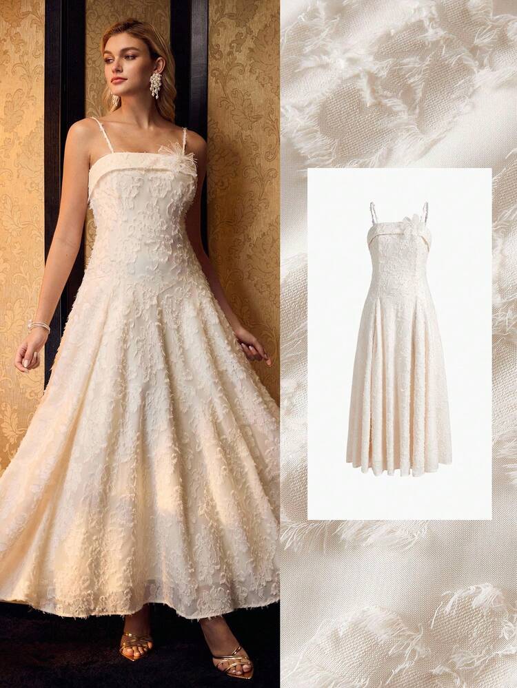 女性用ファジー ジャカード フラワーアップリケ テクスチャードフレアヘムスリップドレス