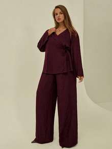 Auralis Plus Size Summer Outfits For Women Vacation Outfits Woman Beach Outfits For Woman Spring Outfits For Women Business Casual Woman Vacation Spring Church Clothes Women Concert Outfit Women Work Clothes Women Old Money Style Women Vacation Outfits Business Casual Modest Concert Outfits 2pcs/Set Asymmetric Neckline Side Knotted Top And Loose Wide-Leg Pants For Plus Size - Burgundy - View 5
