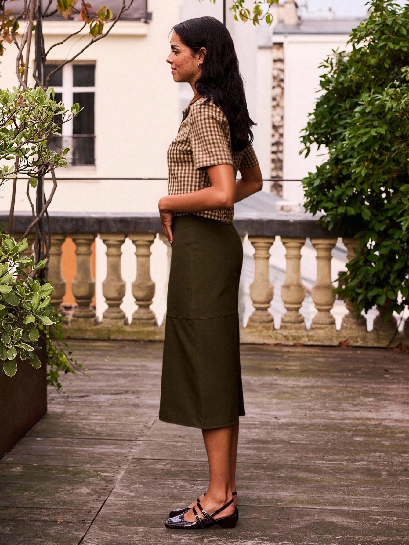 秋冬 フェイクスエード チョコレートブラウン ミディ丈 ペンシルスカート