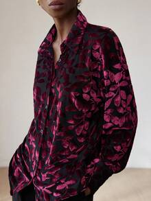 Aveloria Modichic Camisa holgada de manga larga con malla de terciopelo burdeos vintage