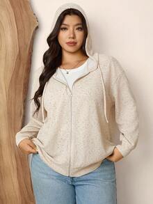 Zelara 大码女式落肩长袖拉链前开襟休闲抽绳连帽卫衣，秋冬款 - 米色 - 查看 4