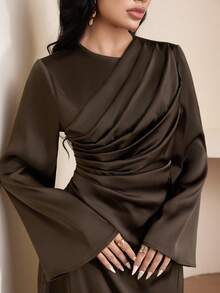 Veilorie Modest Elegant Ruched Bust Flare Sleeve Women's Arabic Dress