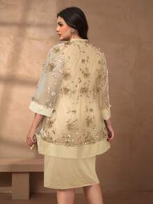 Chikora Bộ đồ 2 món cỡ lớn cho nữ, áo cardigan thêu màu trắng thanh lịch và chân váy maxi 2 mảnh, phù hợp mặc thường ngày, đi làm và đi chơi - Màu be - Xem 2