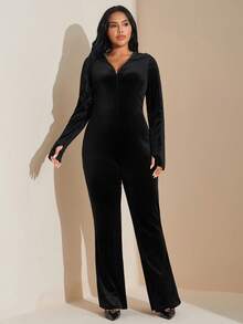 SHEIN Tall CURVE Plus Size Casual Minimalist Solid Color Velvet Slim Fit Jumpsuit For Autumn/Winter - Black - View 3