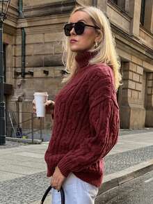 Vivie Lora Suéter de cuello alto de punto grueso de unicolor y ajuste holgado con mangas largas, para otoño/invierno, Año Nuevo - Burdeos - Ver 4
