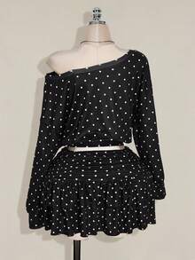 SHEIN ICON 大码女式复古休闲性感 Y2K 波尔卡圆点图案分层蛋糕迷你裙 - 黑與白 - 查看 2