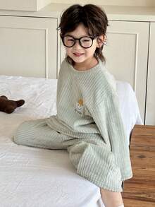 Dazy Kids 2pcs Kids Fall Outfit, Boys Cute Embroidered Fleece Crew Neck Long Sleeve Top And Pants Pajama Set - Green - View 2