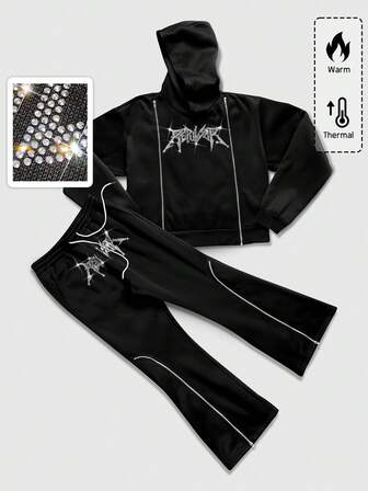 Street Life Ensemble sweat-shirt à capuche à manches longues avec décoration de strass et pantalon de survêtement à taille cordée pour hommes, vêtements d'automne et d'hiver