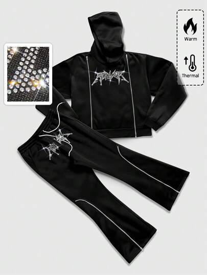 Street Life بدلة رياضية للرجال مكونة من هودي بأكمام طويلة مزين بالراين وبنطال رياضي بخصر سحاب، ملابس خريف وشتاء