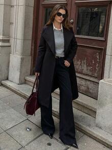 EMERY ROSE Women's Solid Color Minimalist Casual Turndown Collar Long Sleeve Overcoat Long Coat Long Coats For Women Classic Outfits For Women Black Coat Women Coats Winter Clothes For Women Winter Jacket Winter Coat Winter Coat Women Winter Clothes Women - Black - View 3