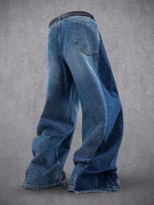 PAVTROS Men's Loose Fit Pockets Wide Leg Casual Versatile Jeans Loose Wide Leg Washed COUPLE Blue Street For Boyfriend & Husband Baggy Blue Jeans Men - Blue - View 2