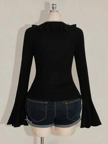 SHEIN ICON 大码女式复古 Y2K 荷叶边领 V 领长袖罗纹针织上衣，秋冬针织毛衣 - 黑色 - 查看 2