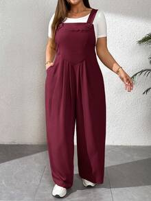 SHEIN Essnce Plus Size Women's Spring And Summer Fashion Casual Loose Comfortable Daily Red Suspenders Wide-Leg Pants Jumpsuit,Summer Outfits For Women,Beach Vacation,Spring Clothes/Winter - Burgundy - View 4