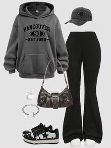 Girlism 少女休闲字母图案口袋连帽衫和喇叭裤套装，秋季 - 彩色 - 查看 1